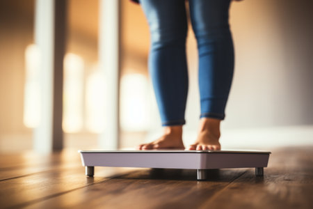 Close-up of woman standing on weight scale. Weight loss conceptの素材