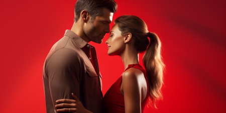 Young beautiful couple in love, man and woman embracing on red backgroundの素材