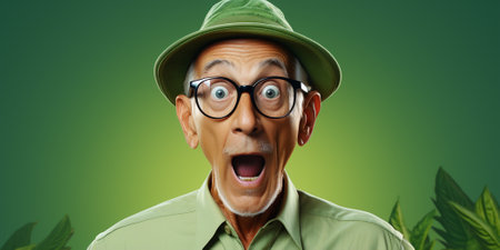 Portrait of happy senior man in hat and glasses on green backgroundの素材