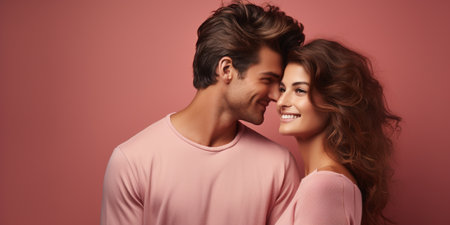 Portrait of a happy young couple in love, isolated on pink backgroundの素材