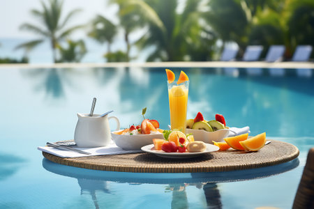 Healthy breakfast in swimming pool with fruits and orange juice on tableの素材