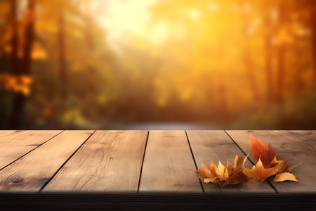 Wooden table with autumn leaves on bokeh background. For product displayの素材