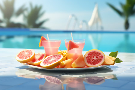 Fruit cocktail on the background of the swimming pool. 3d renderingの素材