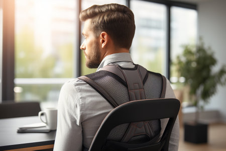 Back view of a young businessman sitting in the office and looking away.の素材
