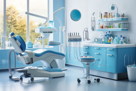 Dentist office interior with blue chair and equipment. 3d renderingの素材