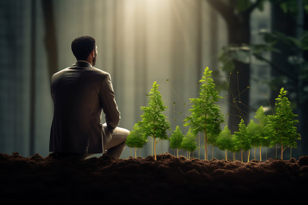 Businessman sitting on ground and looking at growing trees. Ecology conceptの素材