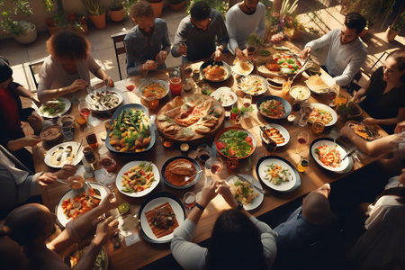 Diverse People Dining Together Concept. Top view of diverse group of friends having dinner together at home.の素材