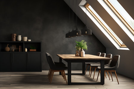 Interior of attic living room with gray walls, wooden floor, dark wooden table with black chairs and window. 3d renderingの素材