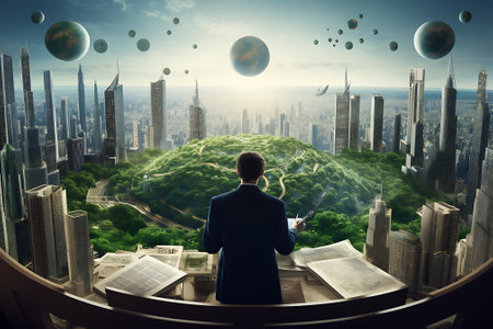 Businessman looking at the planet earth from the top of the buildingの素材