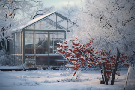 Winter landscape with trees covered with hoarfrost in the garden.の素材