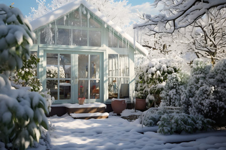 Snow covered garden in winter with a wooden house on the background.の素材