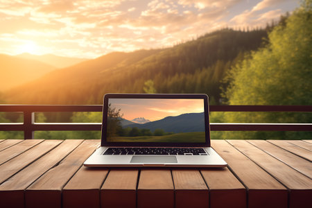 Laptop on wooden table with mountain landscape and sunset in the backgroundの素材