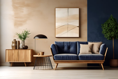 Interior of living room with blue sofa, coffee table and plant. 3d renderの素材