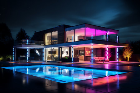Illuminated modern house with pool at night. 3d renderingの素材