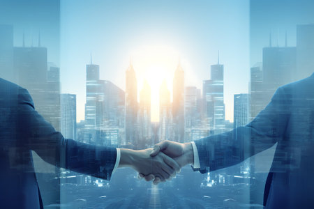 Partnership concept with double exposure of two businessmen shaking hands over cityscape backgroundの素材
