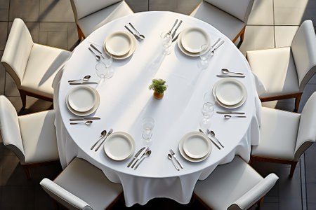 Table set for dinner in a restaurant, top view. 3d renderingの素材