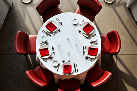 3D render of a round table with red chairs and tableclothの素材