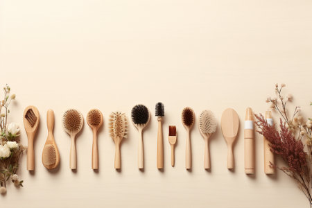 Eco-friendly bamboo toothbrushes, spoons, brushes and flowers on wooden backgroundの素材