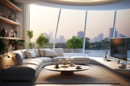 Modern living room interior with furniture and city view. 3D Renderingの素材