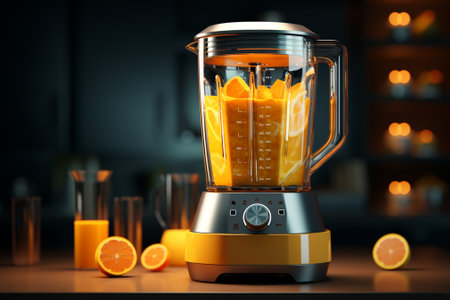 Orange juice in a blender on a dark background. 3d renderingの素材