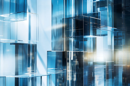 Abstract blue glass skyscraper background. 3d rendering toned image double exposureの素材