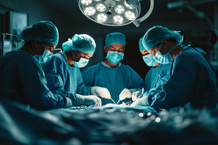 group of veterinarian surgery in operation room take with art lighting and blue filterの素材