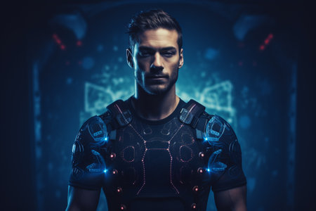 Cyborg in his futuristic suit on dark background. 3D renderingの素材
