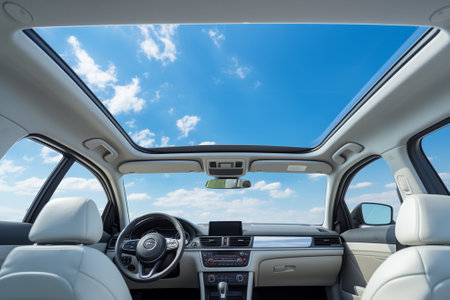 Modern car interior. View from the driver seat to the sky.の素材