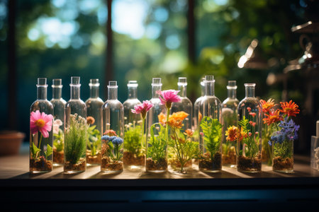 Beautiful flowers in glass bottles on wooden table in the garden.の素材