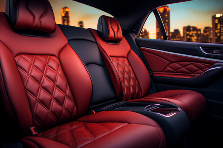 Modern luxury car interior. Interior of prestige modern car. Comfortable leather seats. Red and black colors.の素材