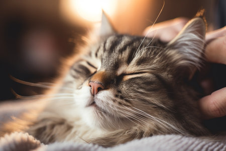 Siberian cat sleeping on the bed. Close-up.の素材