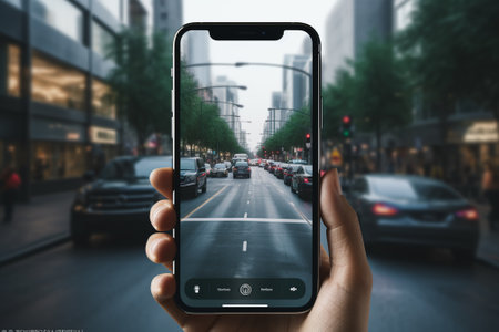 smartphone in hand on the background of a city street with carsの素材