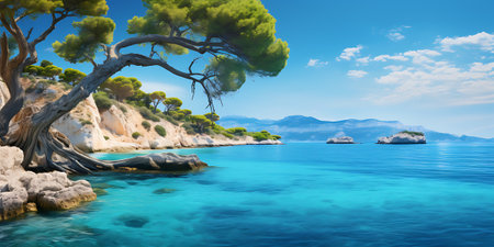 Beautiful sea landscape with pine trees and turquoise water.の素材