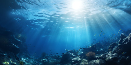 Underwater view of coral reef with fishes and rays of light.の素材