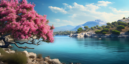 Beautiful landscape with blooming bougainvillea tree on the seashoreの素材