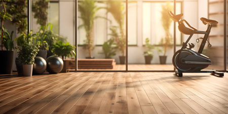 Exercise bike in modern living room with green plants and wooden floorの素材
