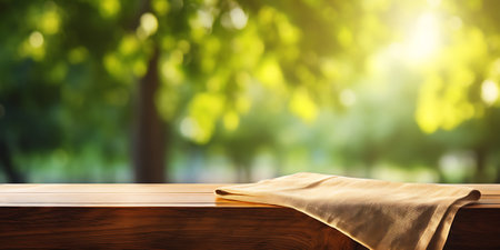Wooden table with linen cloth in front of blurred background. Mock up, 3D Renderingの素材