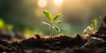 Green seedling illustrating concept of new life with sunbeams and bokehの素材