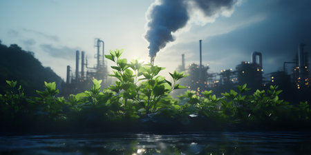Industrial plant with green sprouts growing out of the water. Ecology conceptの素材