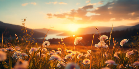Sunset over the mountain meadow with dandelions. Beautiful summer landscape.の素材