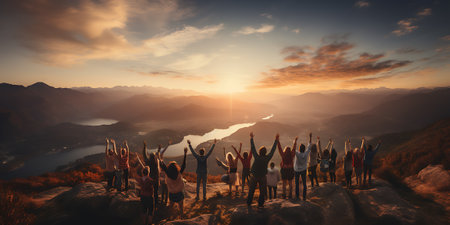 Group of friends cheering with raised hands on top of mountain during sunsetの素材