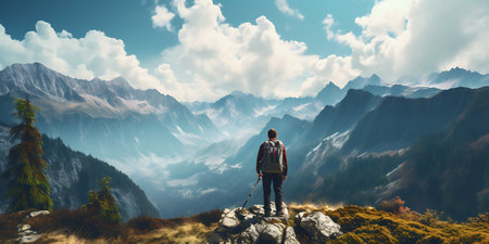 Hiker with backpack and trekking poles standing on top of the mountainの素材