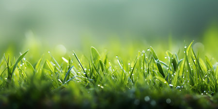 Fresh green grass with dew drops close up. Natural background.の素材