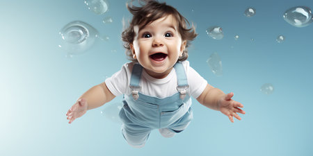 Cute baby boy playing with soap bubbles on blue background. Kid having fun with flying soap bubblesの素材