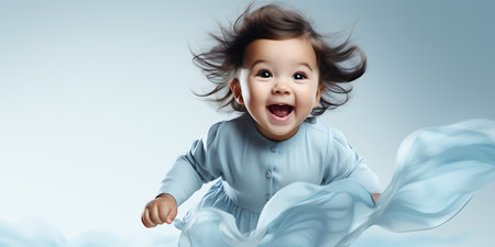 Happy little baby girl in blue dress on blue background. 3d renderingの素材