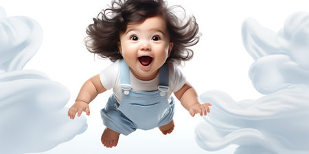 cute little baby girl jumping in the air, over white backgroundの素材