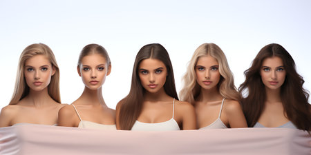 Group of beautiful young women in underwear on white background, closeupの素材