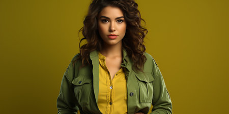 beautiful young woman in green jacket on yellow background, fashion shootの素材