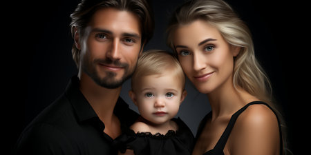 Portrait of a happy family with a child on a black backgroundの素材