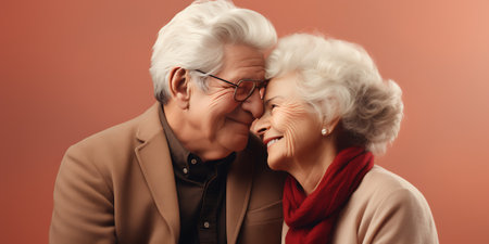Portrait of happy senior couple embracing each other and looking at cameraの素材